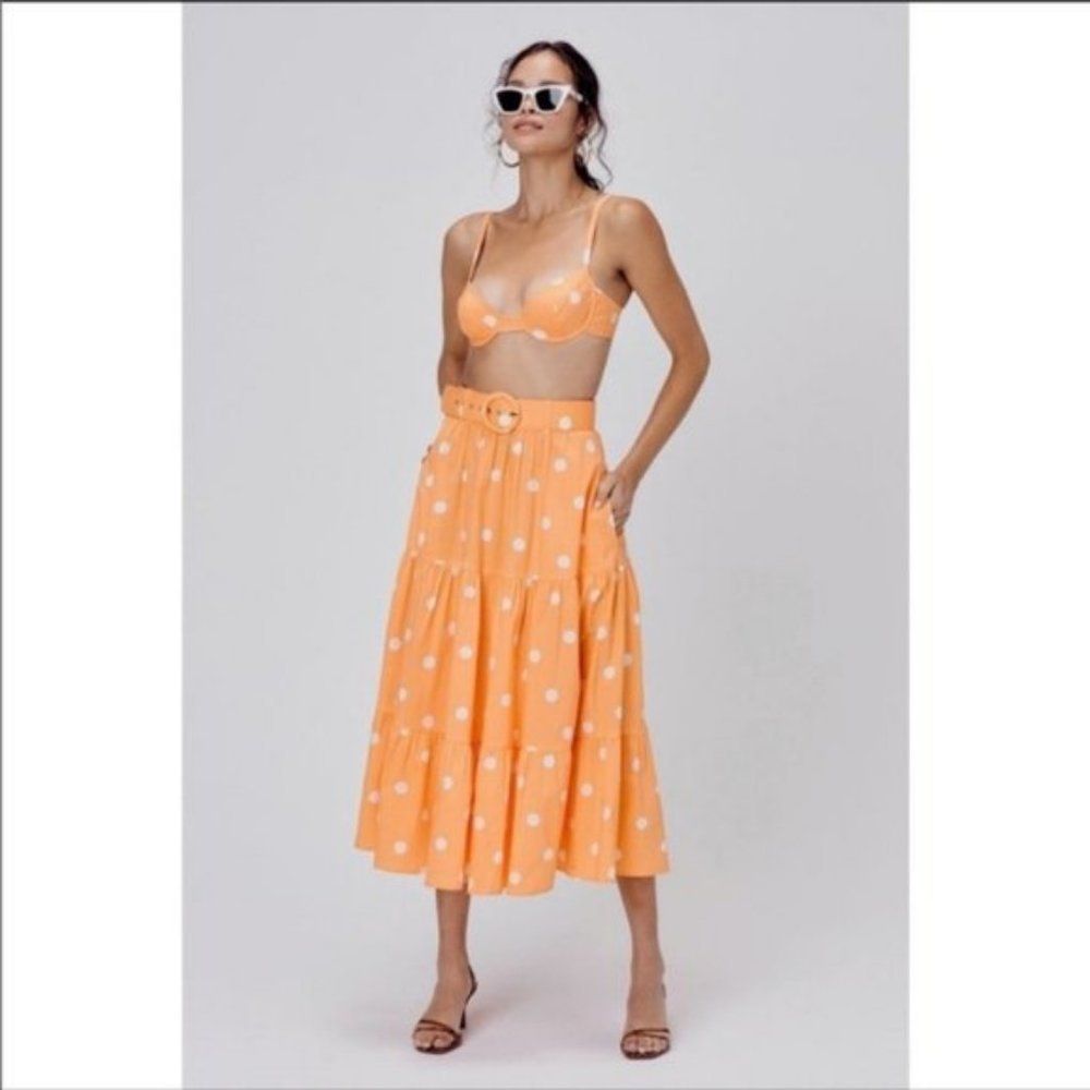 For Love & Lemons Orange Auburn Polka Dot High‎ Waist Tiered Midi Skirt S